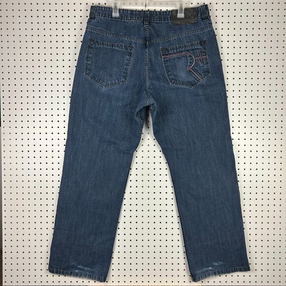 Rocawear Y2K Dark Wash Jeans 38x34 Embroidered Stitched Skater 90s Cyber Punk - Picture 1 of 7